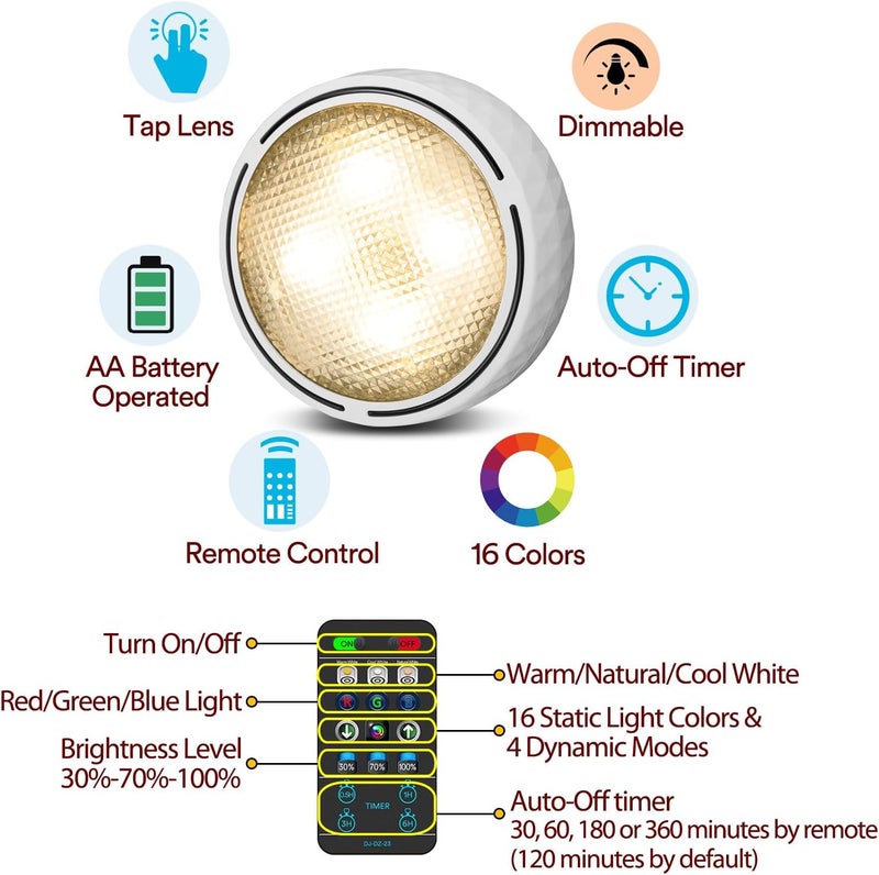 TECOMLIGHT Store Puck Lights with Remote Control, Battery Operated Wireless Under Cabinet Lighting, Stick on Tap Push Lights for Kitchen, Shelf, 6 Pack - White - Image 4